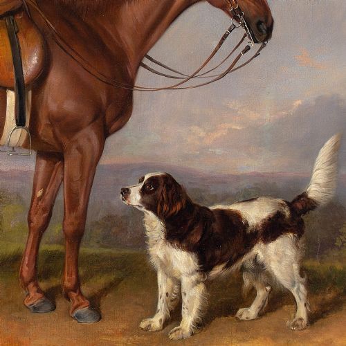 fig 4. John Ferneley Snr (Circle), Study Of A Chestnut Hunter & Spaniel In A Landscape - Antique Oil Panting
