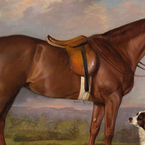 fig 6. John Ferneley Snr (Circle), Study Of A Chestnut Hunter & Spaniel In A Landscape - Antique Oil Panting