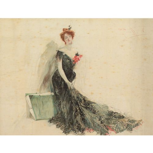 fig 1. Reginald Pannett, The Merry Widow, Sheet Music Cover Design - Antique Watercolour and Gouaches on Silk