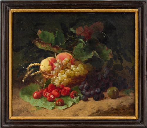 Edouard Fleury, Still Life with a Basket of Fruit - Antique Oil Painting