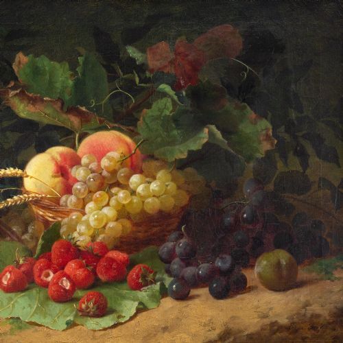 fig 2. Edouard Fleury, Still Life With A Basket Of Fruit - Antique Oil Painting