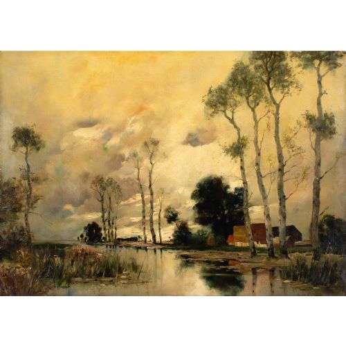 fig 1. Early 20th-Century Dutch School, Landscape With Birch Trees - Antique Oil Painting