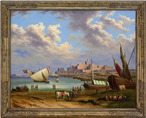 Mid-19th-century, Port of Tarifa, Spain - Antique Oil Painting