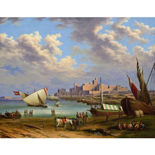 fig 1. Mid-19th-Century, Port Of Tarifa, Spain - Antique Oil Painting