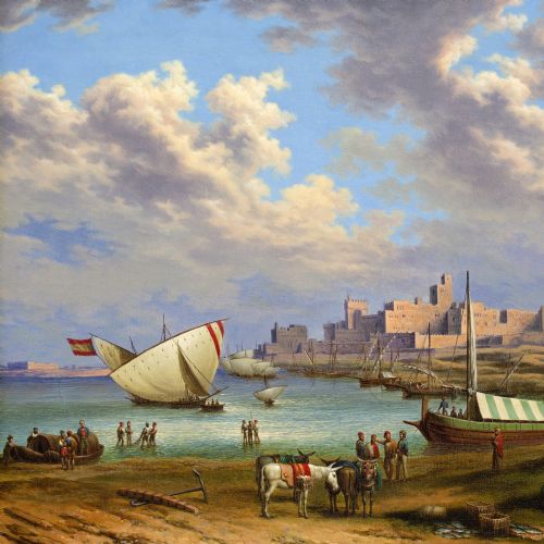 fig 2. Mid-19th-Century, Port Of Tarifa, Spain - Antique Oil Painting