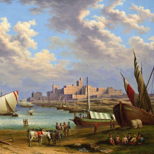 fig 3. Mid-19th-Century, Port Of Tarifa, Spain - Antique Oil Painting
