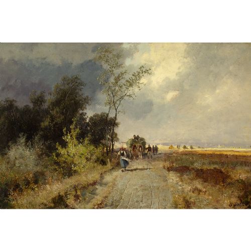 fig 1. Charles Delfont, Landscape With Haycart & Track - Antique Oil Painting