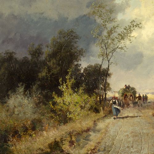 fig 3. Charles Delfont, Landscape With Haycart & Track - Antique Oil Painting