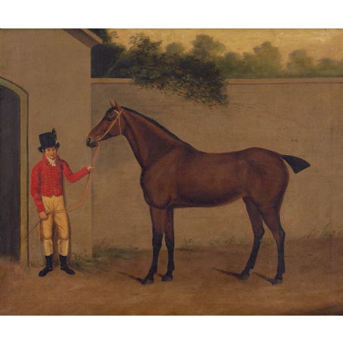 fig 1. I Moore, Provincial Early 19th-Century English School, Bay Horse & Groom - Antique Oil Painting