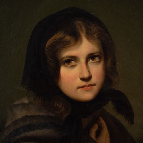 fig 2. Just Holm, Girl With The Hooded Cloak - Antique Oil Painting