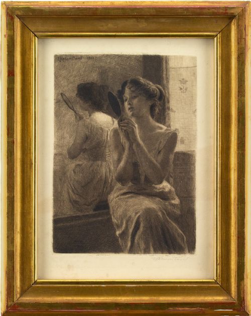 Emil Rosenstand, Young Women with Mirror - Antique Etching