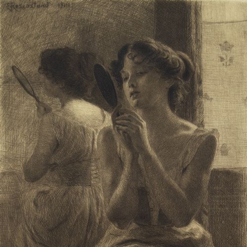 fig 1. Emil Rosenstand, Young Women With Mirror - Antique Etching