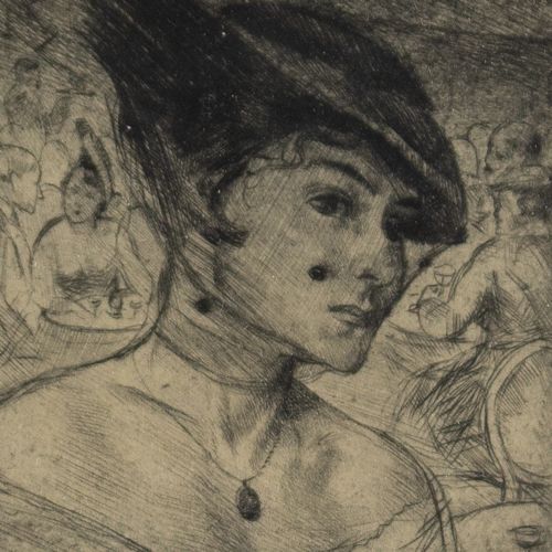 fig 1. Axel Wallert - Fashionable Lady With Feathered Hat - Antique Etching