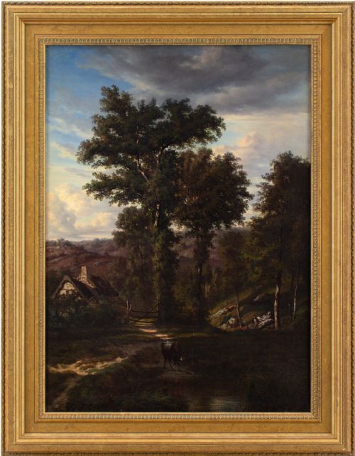 Auguste Bohm, Romantic Landscape with Oak Trees - Antique Oil Painting