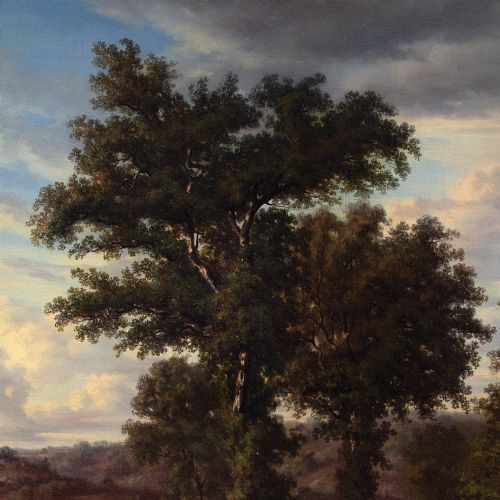 fig 1. Auguste Bohm, Romantic Landscape With Oak Trees - Antique Oil Painting