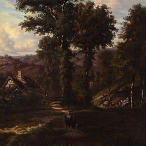 fig 2. Auguste Bohm, Romantic Landscape With Oak Trees - Antique Oil Painting