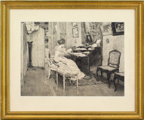 Late 19th-century British School, Interior Scene with Woman Reading - Gravure on Silk