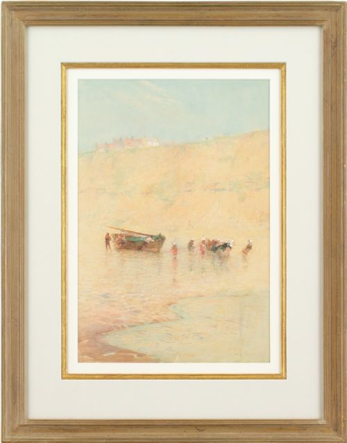 Hector Caffieri Rba Ri Roi, Boulogne with Fisherfolk Hauling a Beached Boat - Antique Watercolour