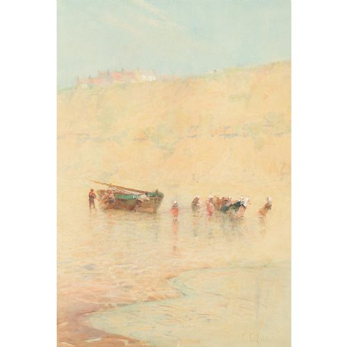 fig 1. Hector Caffieri RBA RI ROI, Boulogne With Fisherfolk Hauling A Beached Boat - Antique Watercolour