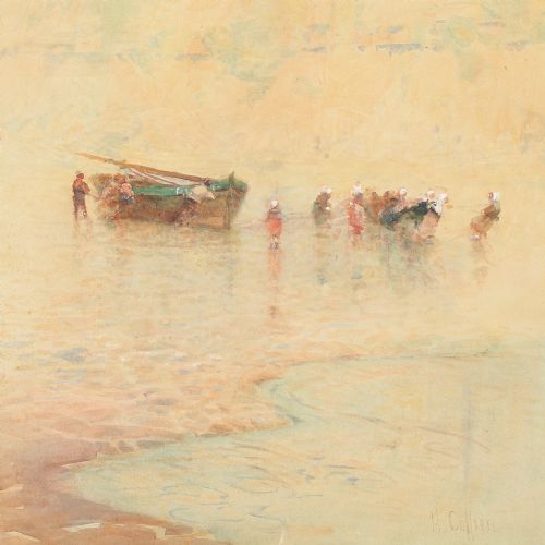 fig 2. Hector Caffieri RBA RI ROI, Boulogne With Fisherfolk Hauling A Beached Boat - Antique Watercolour