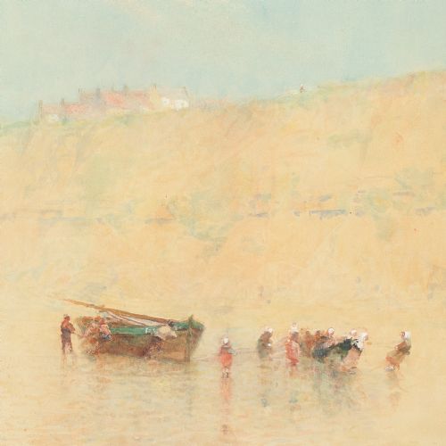 fig 3. Hector Caffieri RBA RI ROI, Boulogne With Fisherfolk Hauling A Beached Boat - Antique Watercolour