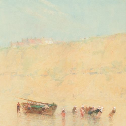 fig 4. Hector Caffieri RBA RI ROI, Boulogne With Fisherfolk Hauling A Beached Boat - Antique Watercolour