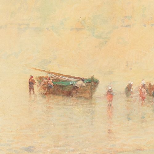 fig 5. Hector Caffieri RBA RI ROI, Boulogne With Fisherfolk Hauling A Beached Boat - Antique Watercolour