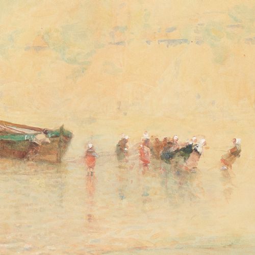 fig 6. Hector Caffieri RBA RI ROI, Boulogne With Fisherfolk Hauling A Beached Boat - Antique Watercolour