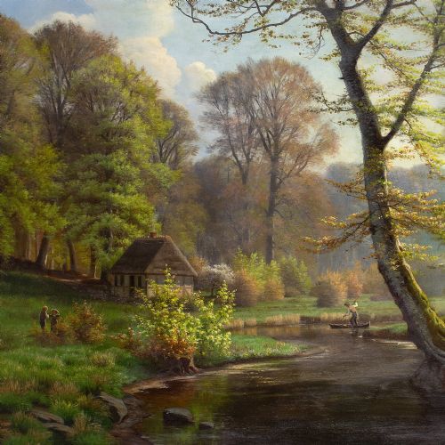 fig 1. Eiler Rasmussen Eilersen, Romantic Forest Landscape With Cottage - Antique Oil Painting