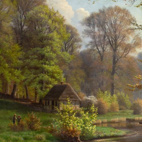 fig 2. Eiler Rasmussen Eilersen, Romantic Forest Landscape With Cottage - Antique Oil Painting