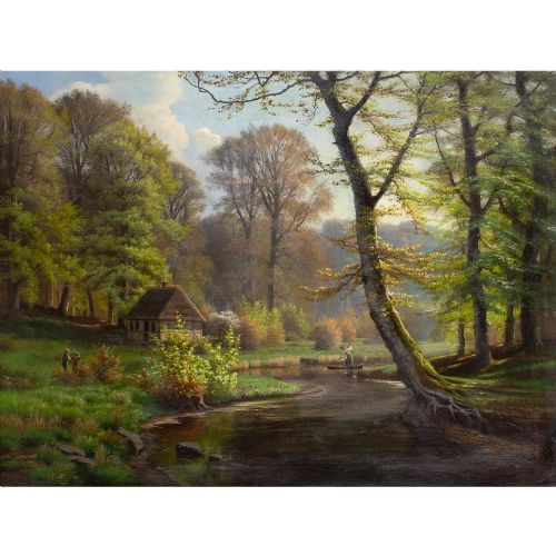 fig 3. Eiler Rasmussen Eilersen, Romantic Forest Landscape With Cottage - Antique Oil Painting