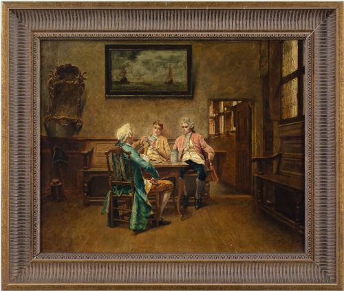 Piet Verhaert, the Card Players - Antique Oil Painting
