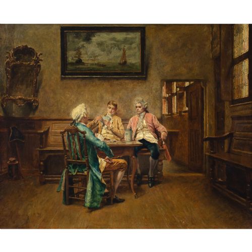 fig 1. Piet Verhaert, The Card Players - Antique Oil Painting