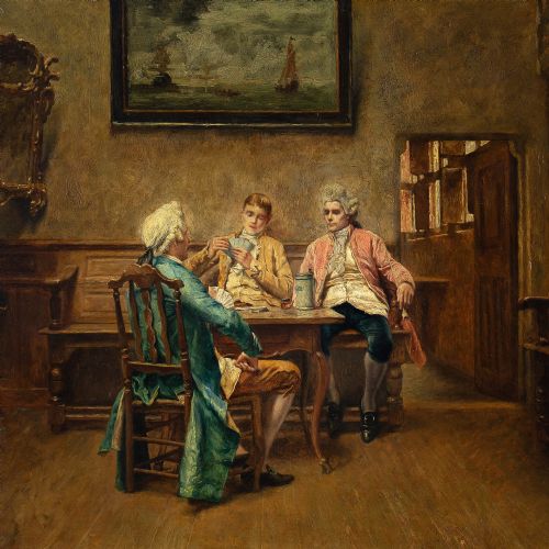 fig 2. Piet Verhaert, The Card Players - Antique Oil Painting
