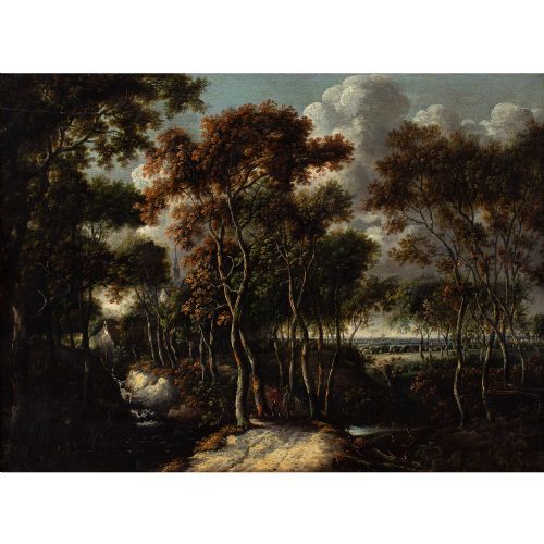 fig 1. Jacob Van Ruisdael (Circle), Forest View With Birch Trees - Antique Oil Painting