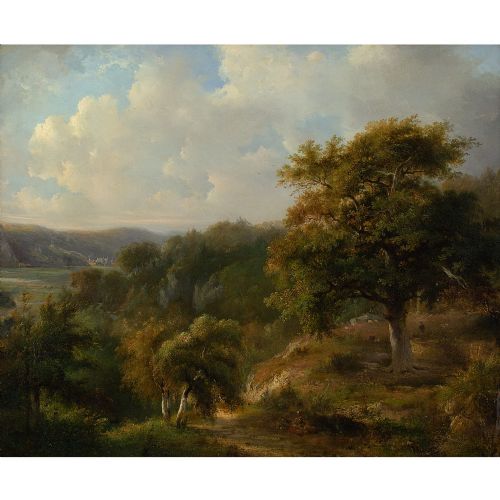 fig 2. Pieter Caspar Christ, Woodland Landscape With Distant Cottages - Antique Oil Painting