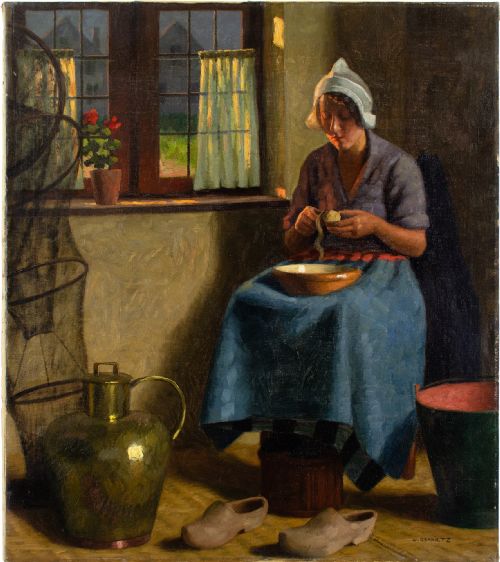Wilhelm Gdanietz, Interior with Woman Peeling Potatoes