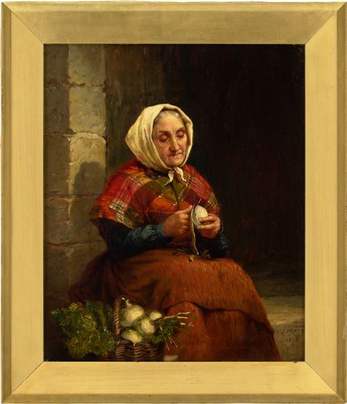 Jonathan Pratt, Peeling Turnips - Antique Oil Painting