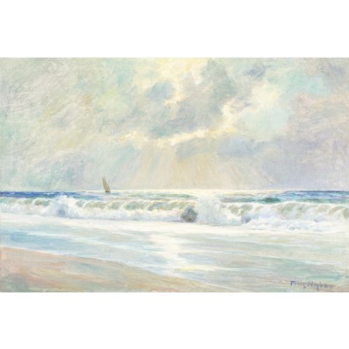 fig 1. Poul Friis Nybo, Coastal View With Breakers - Antique Oil Painting 