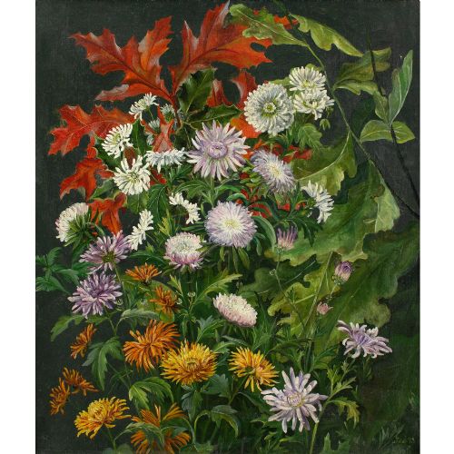 fig 1. Late 19th-Century Danish School, Still Life With Chrysanthemums - Antique Oil Painting