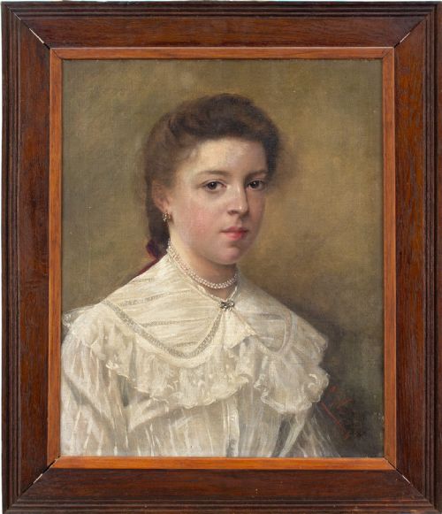 Early 20th-century Belgian School, Portrait of a Girl with Pearls - Antique Oil Painting