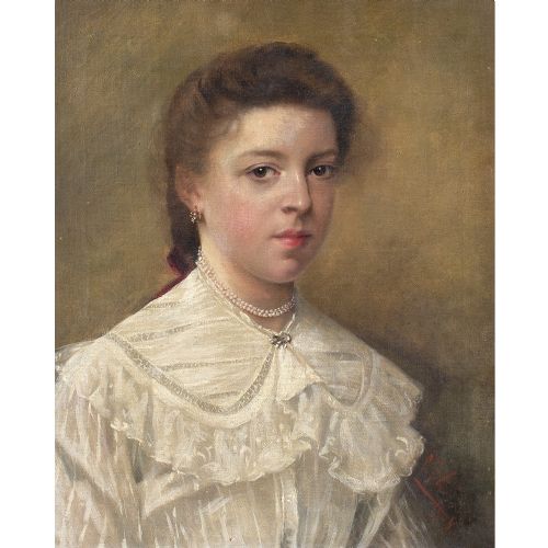 fig 1. Early 20th-Century Belgian School, Portrait Of A Girl With Pearls - Antique Oil Painting