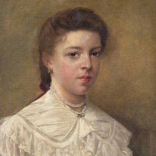 fig 3. Early 20th-Century Belgian School, Portrait Of A Girl With Pearls - Antique Oil Painting