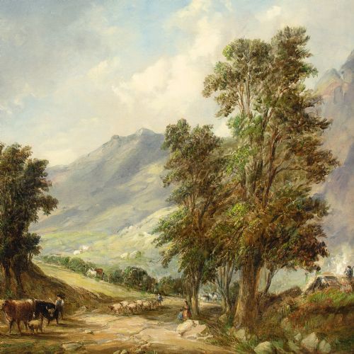 fig 1. Alfred Vickers, Landscape With Cattle & Mountains - Antique Oil Painting