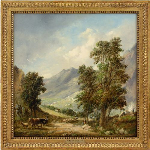 Alfred Vickers, Landscape with Cattle & Mountains - Antique Oil Painting