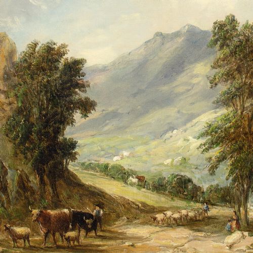 fig 3. Alfred Vickers, Landscape With Cattle & Mountains - Antique Oil Painting