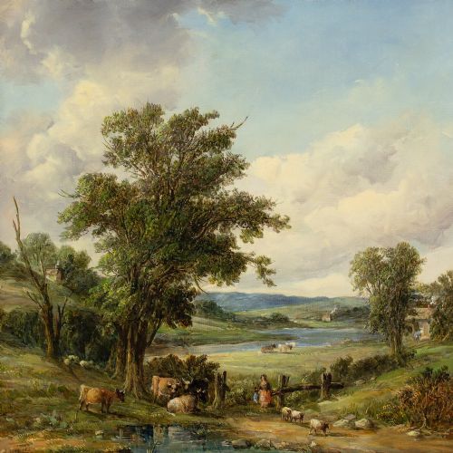 fig 1. Alfred Vickers, River Landscape With Cattle - Antique Oil Painting