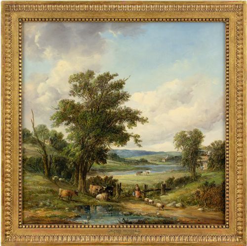 Alfred Vickers, River Landscape with Cattle - Antique Oil Painting