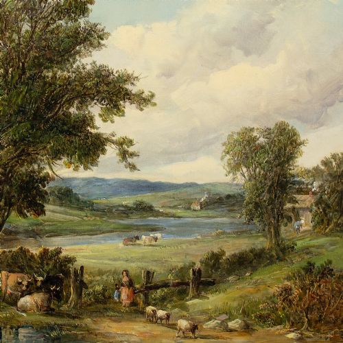 fig 2. Alfred Vickers, River Landscape With Cattle - Antique Oil Painting