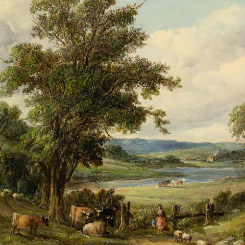 fig 3. Alfred Vickers, River Landscape With Cattle - Antique Oil Painting